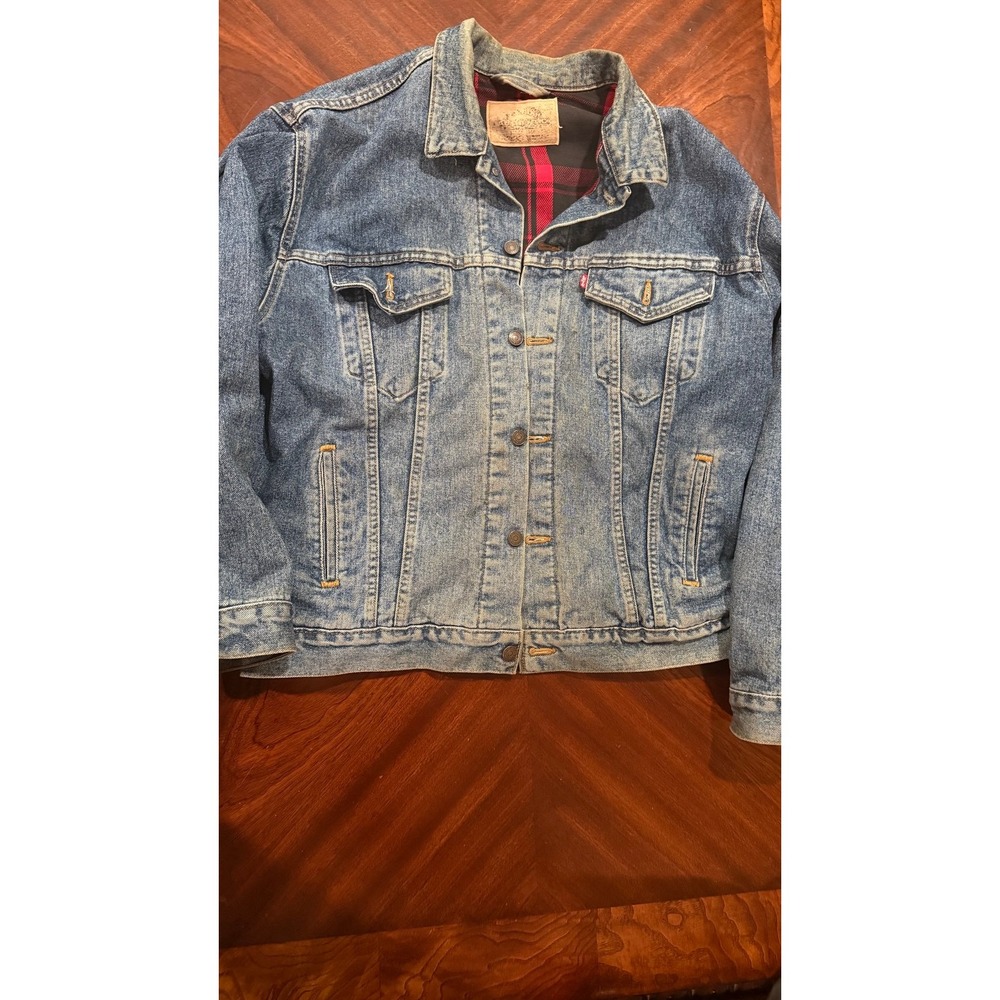 Vintage Levi's Denim Trucker Jacket L USA Red Plaid Flannel Lined Distressed